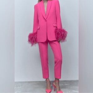 Zara Hot Pink Feather-Cuff Blazer & Cropped Trousers